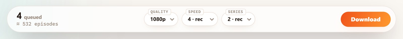 Hongguo Downloader's floating download dock showing queued series, Quality, Speed and Series controls, and a Download button (light theme)