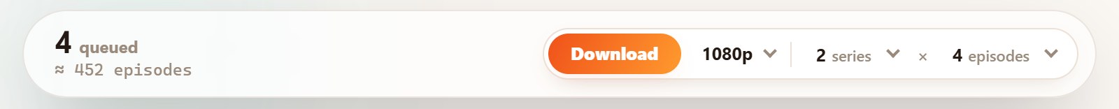 Hongguo Downloader floating download dock &mdash; 4 series queued, about 452 episodes, a Download button, Quality 1080p and 2 series &times; 4 episodes at once (light theme)