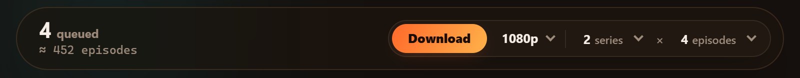 Hongguo Downloader floating download dock &mdash; 4 series queued, about 452 episodes, a Download button, Quality 1080p and 2 series &times; 4 episodes at once (dark theme)