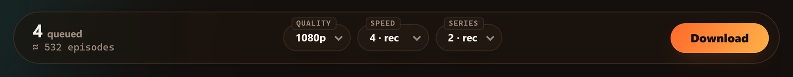 Hongguo Downloader's floating download dock showing queued series, Quality, Speed and Series controls, and a Download button (dark theme)